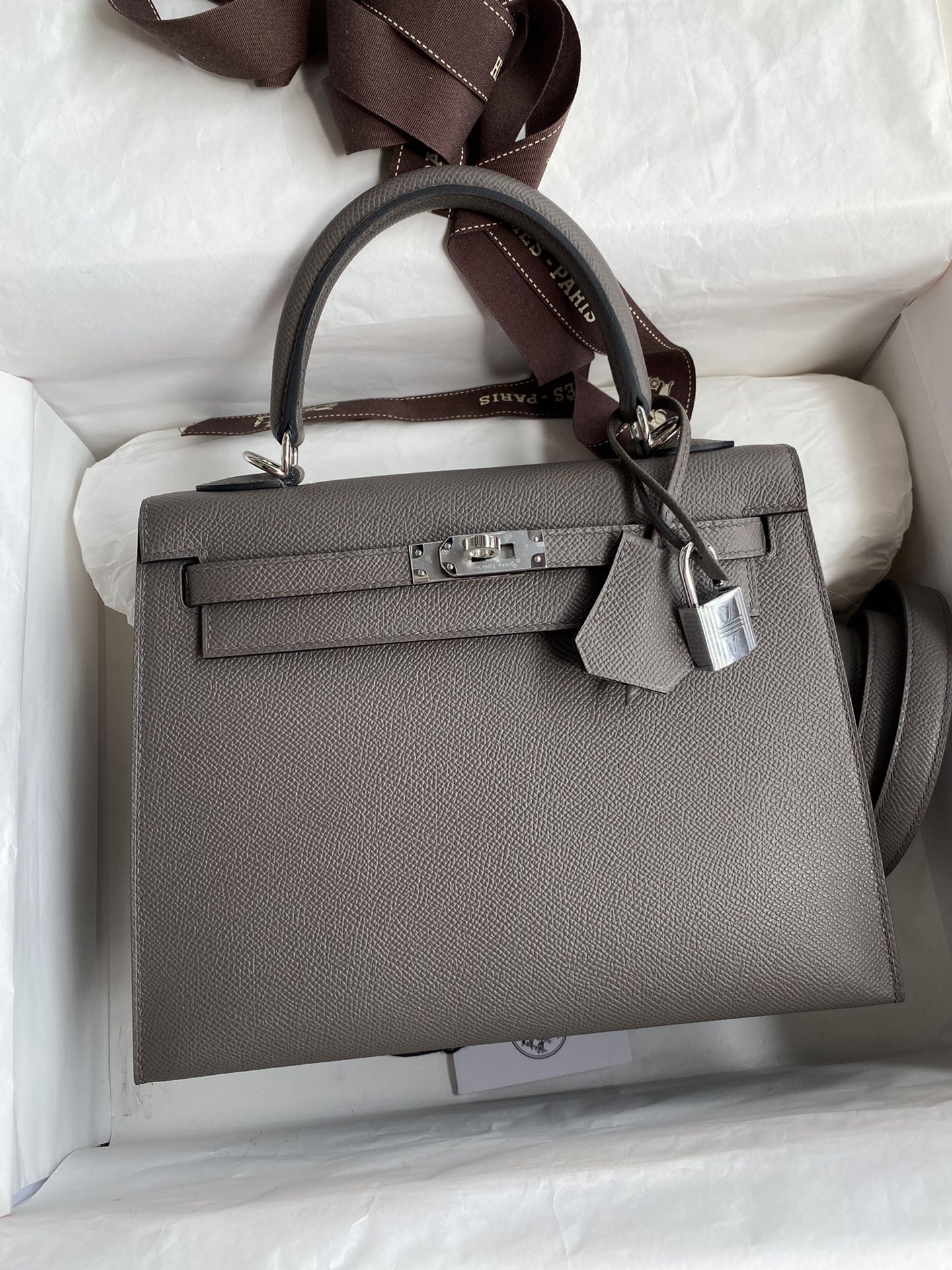 Hermes Kelly 25cm Handbag Shoulder Bag in Grey Epsom Leather